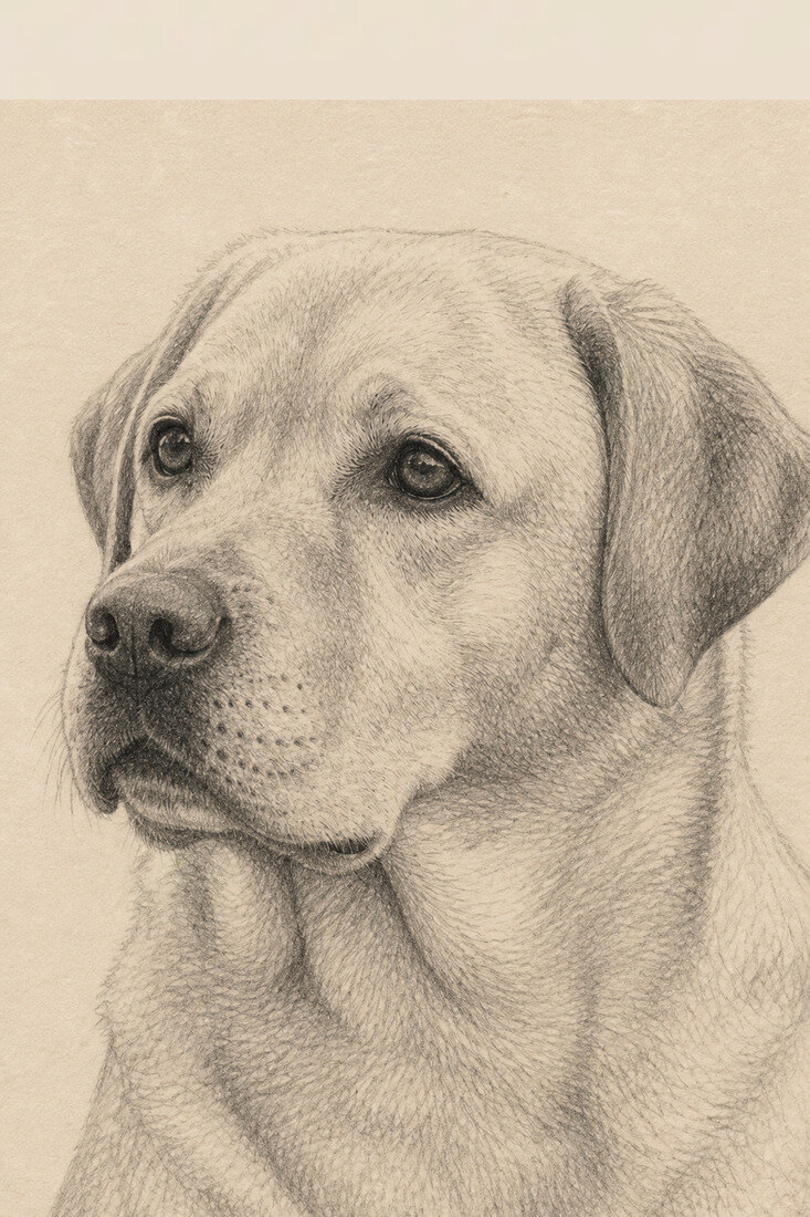 Digital pencil portrait of the same Labrador