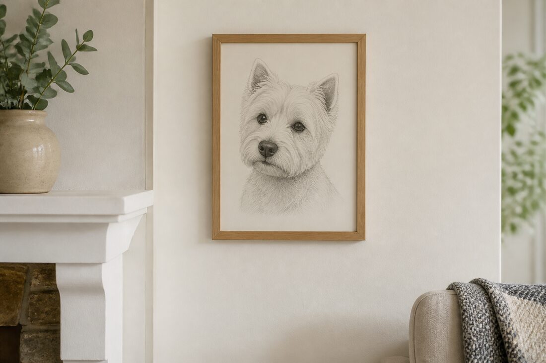 Mounted and framed A4 digital pencil portrait of a West Highland Terrier on a wall