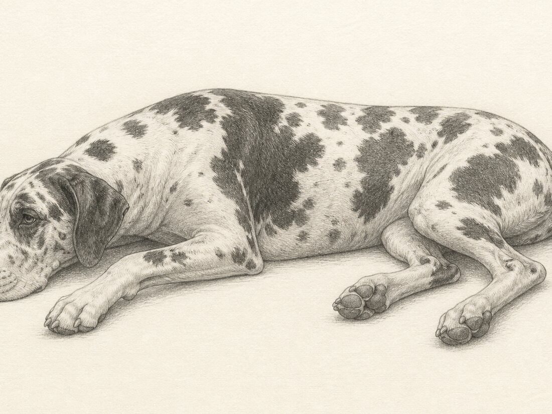 Digital pencil portrait of a Great Dane lying down, created from a photograph
