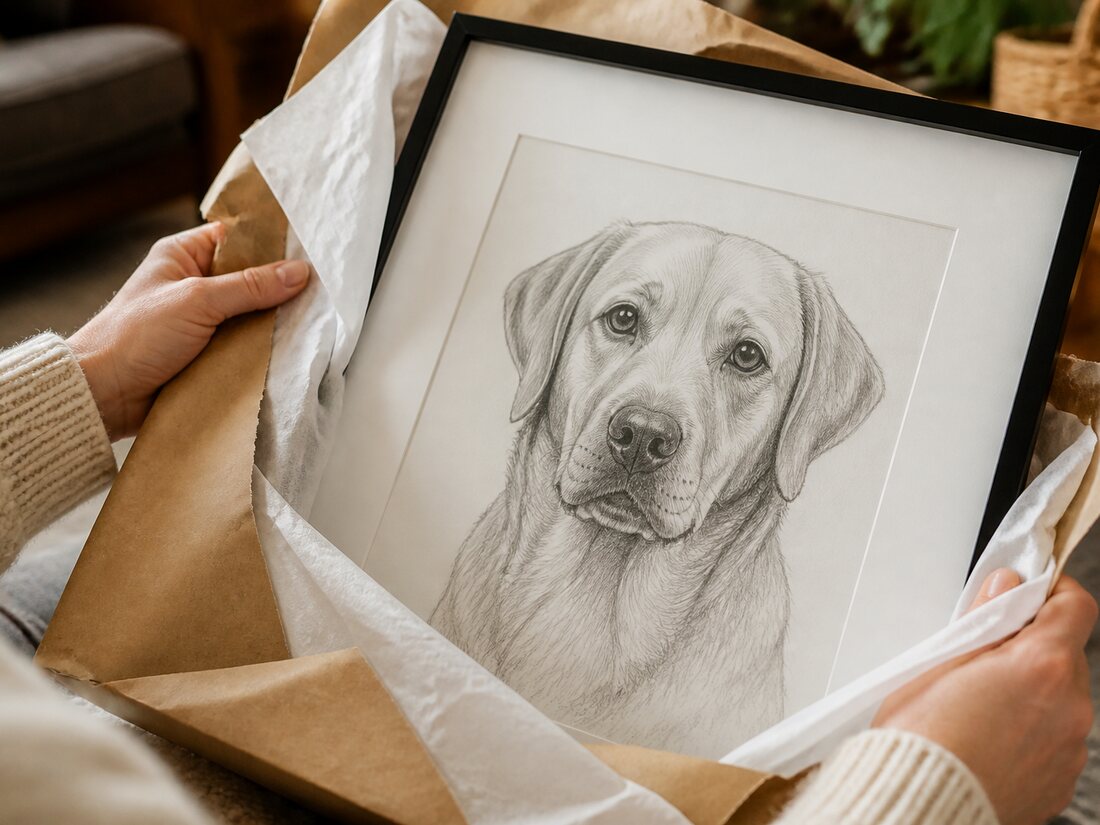 Someone unwrapping a framed digital pencil dog portrait, a personalised gift