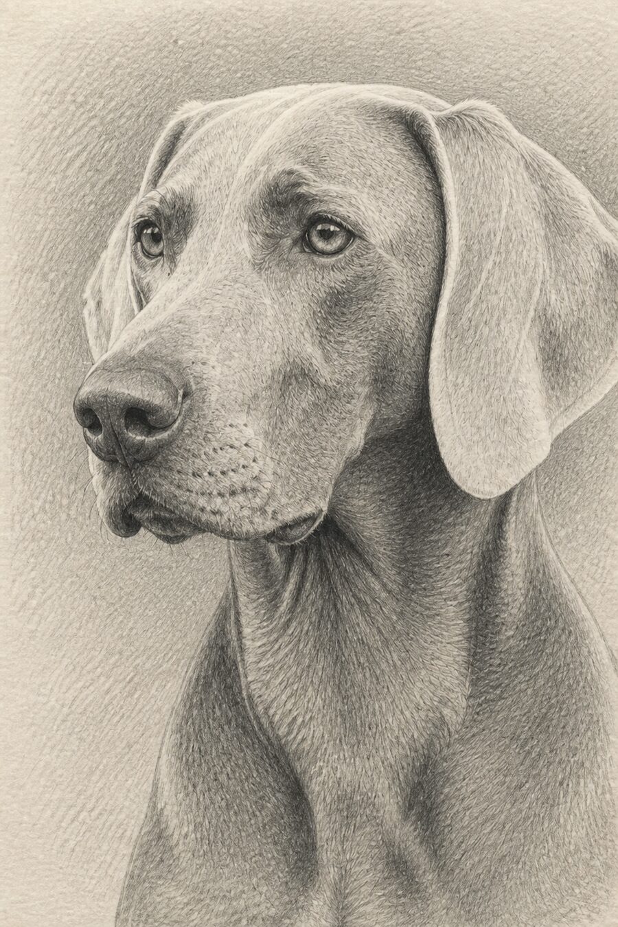 Digital pencil portrait of the same Weimaraner