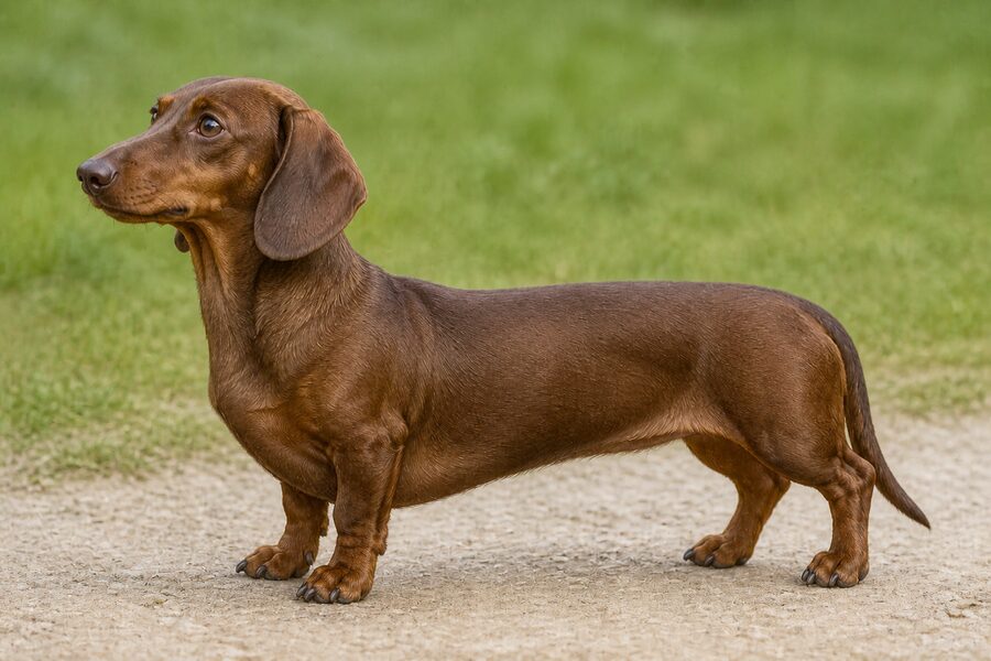 Original photograph of Dora, a Dachshund standing in profile