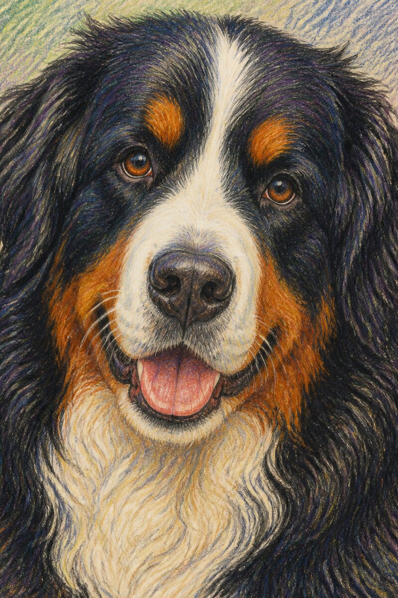 Coloured pencil portrait of a Bernese Mountain Dog