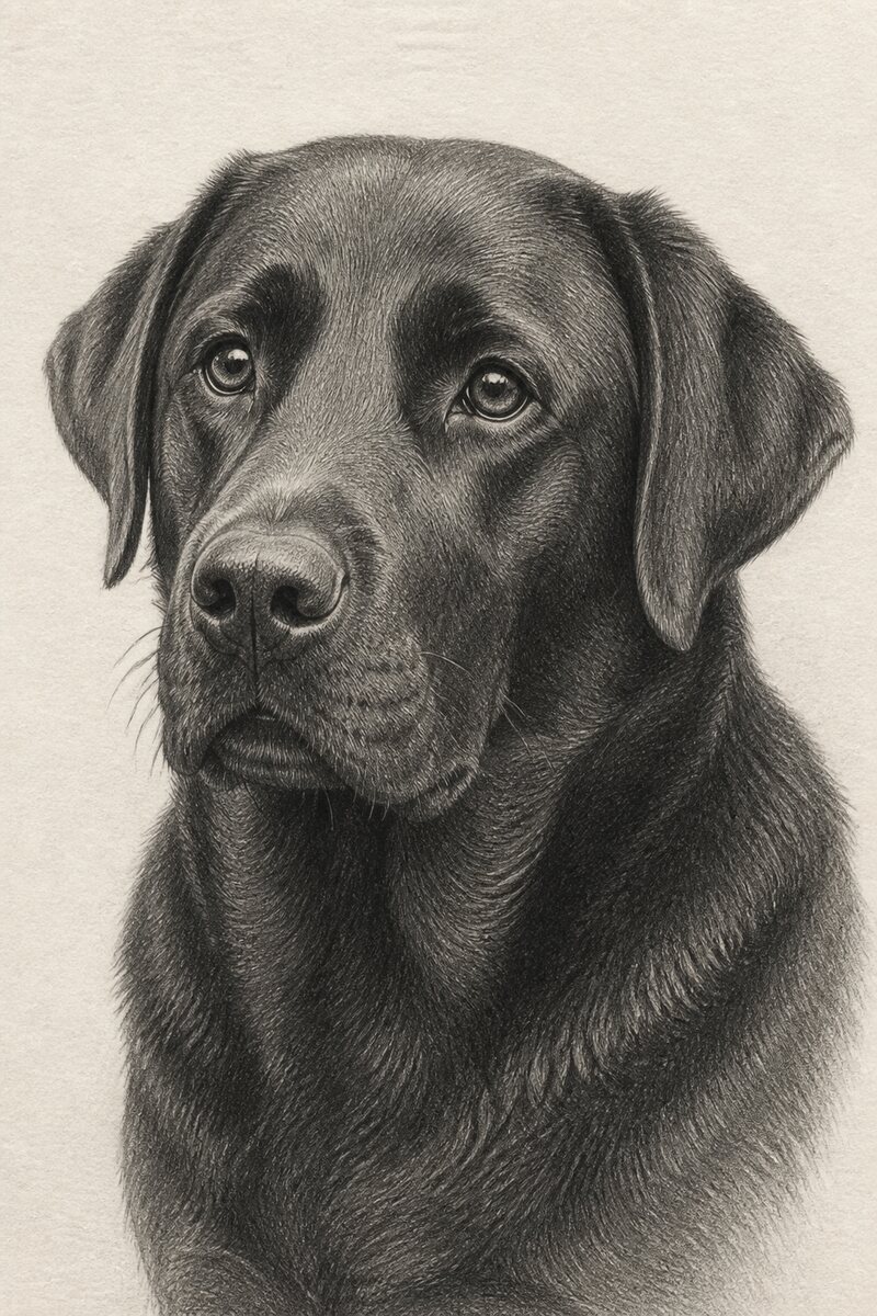 Digital pencil portrait of a dark-haired Labrador