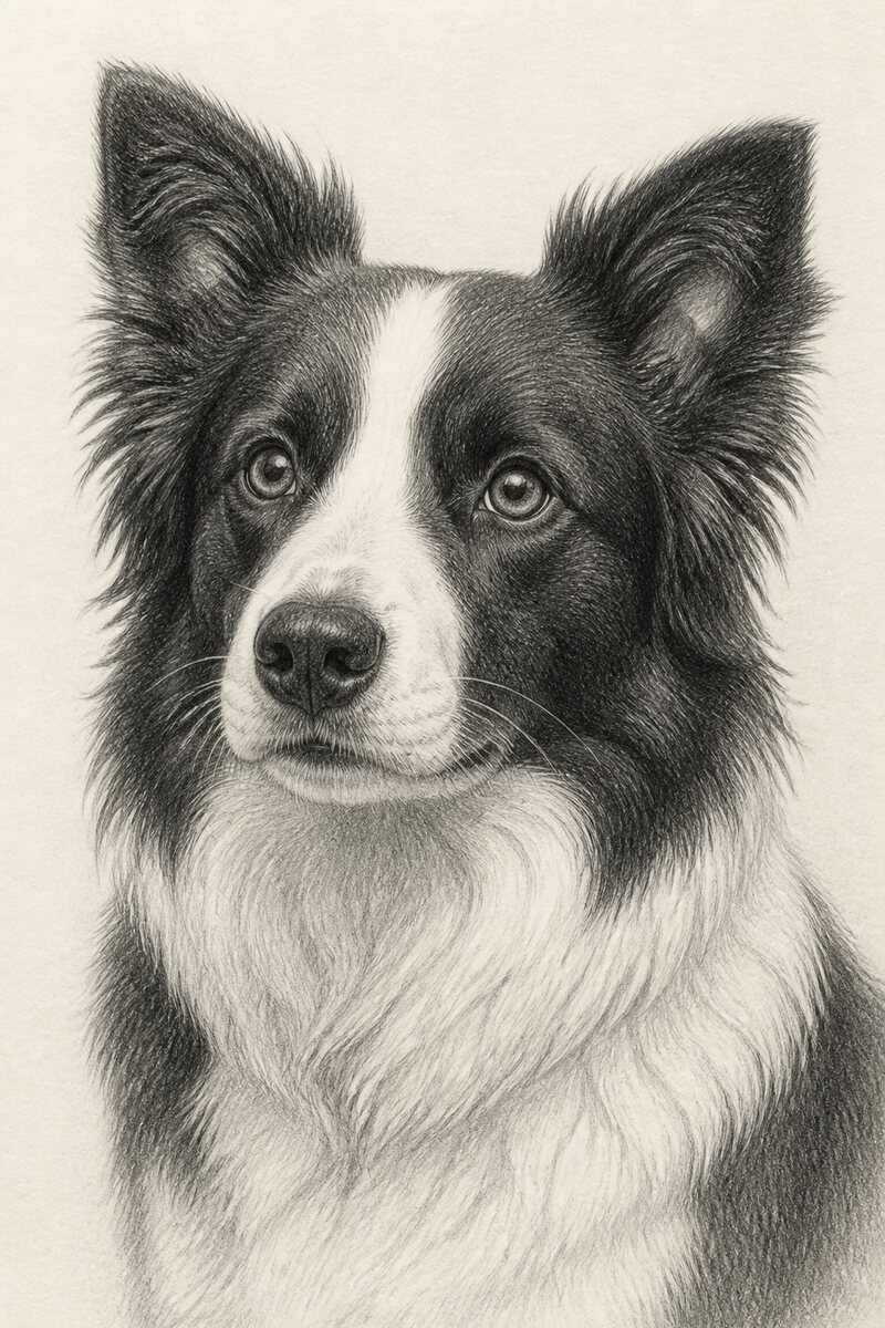 Digital pencil portrait of Skye the Border Collie
