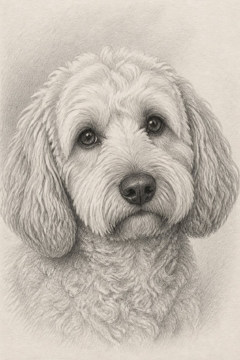 Digital pencil portrait of Pip the Cockapoo
