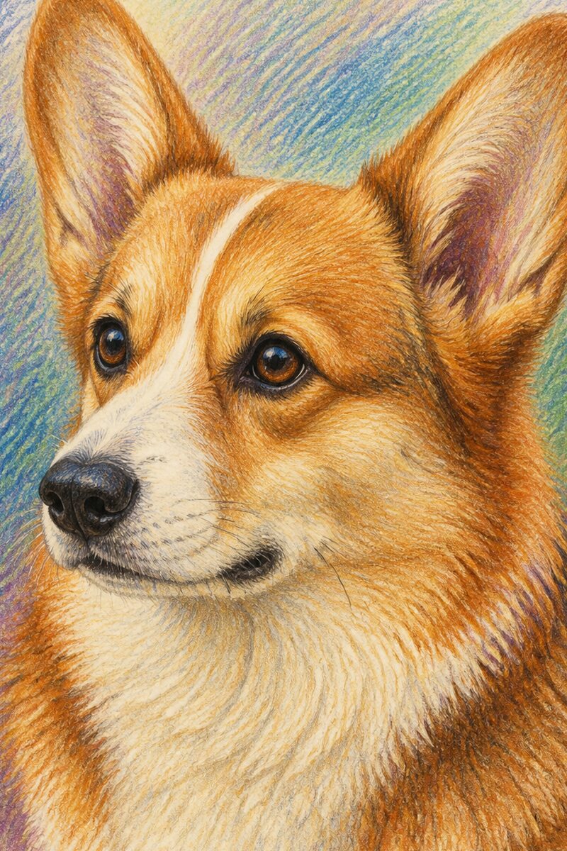 Coloured pencil portrait of a Pembroke Welsh Corgi