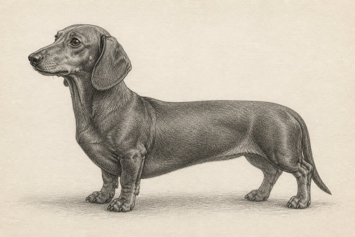 Digital pencil portrait of Dora the Dachshund