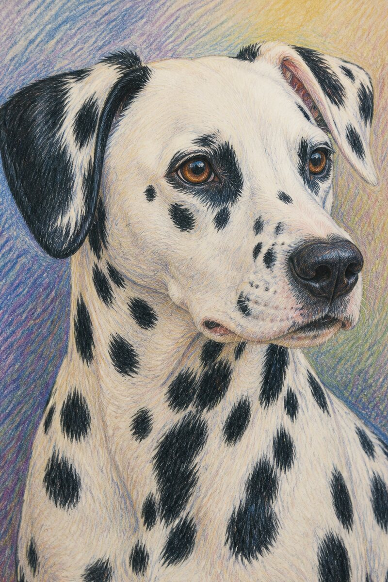 Coloured pencil portrait of a Dalmatian