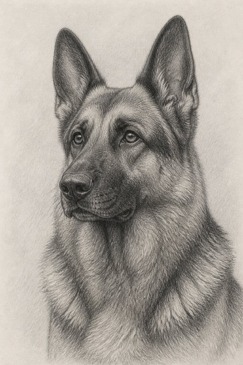 Digital pencil portrait of the same German Shepherd