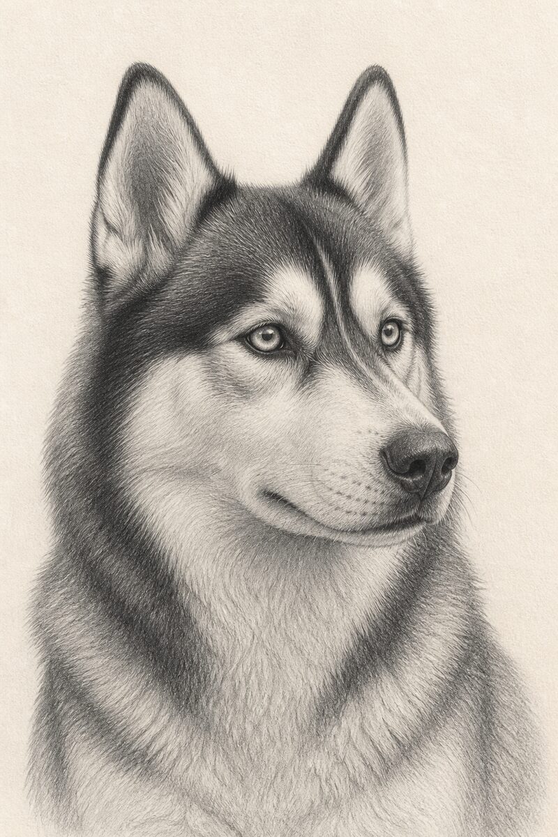 Digital pencil portrait of a Siberian Husky