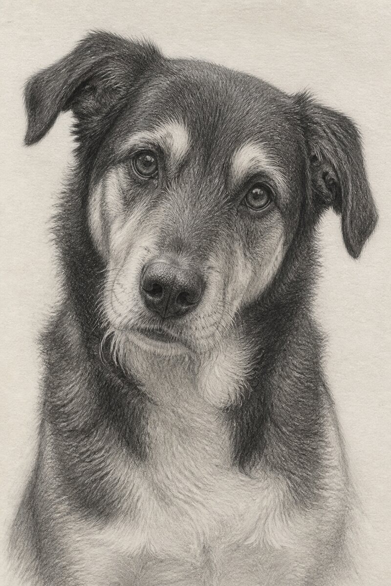 Digital pencil portrait of a mixed breed dog