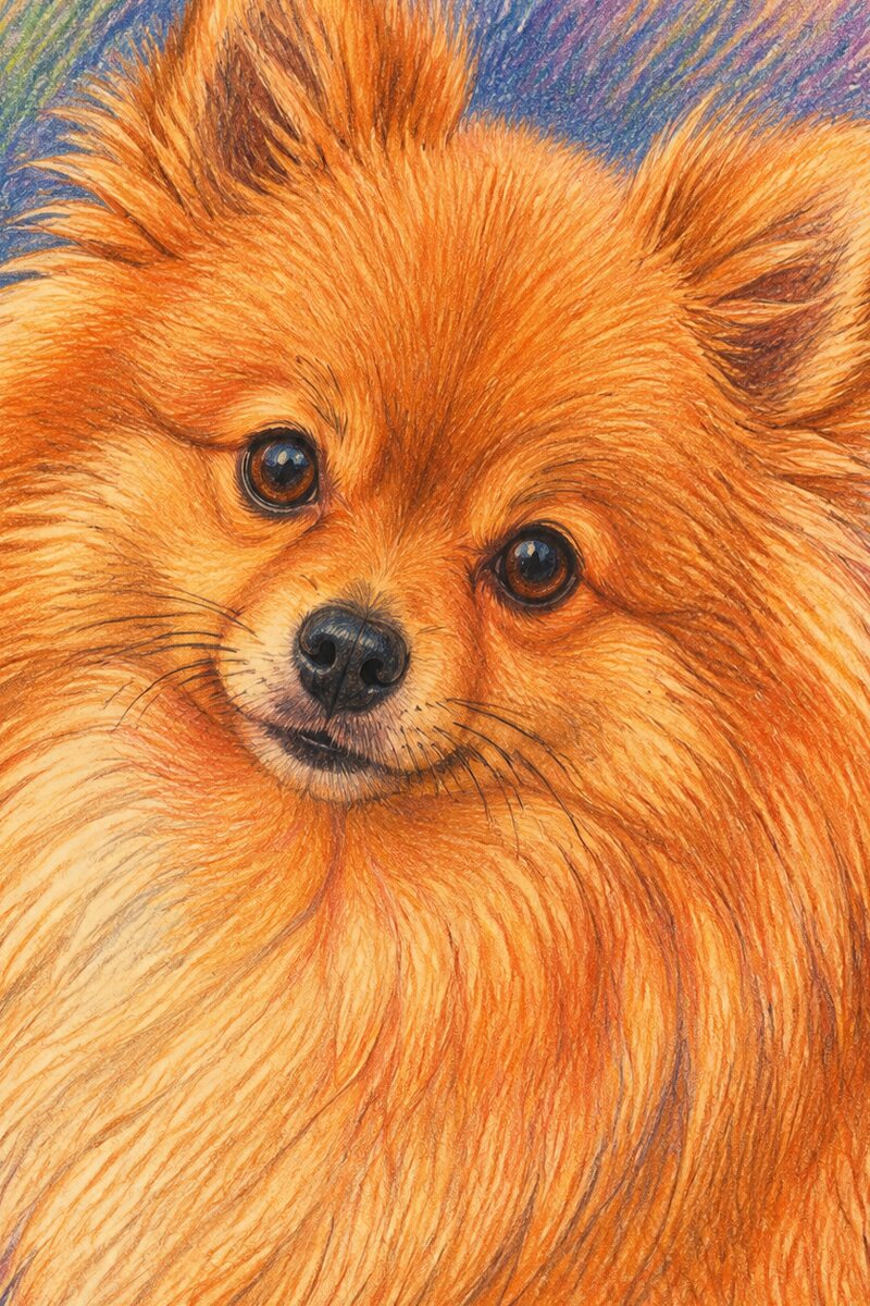Coloured pencil portrait of a Pomeranian