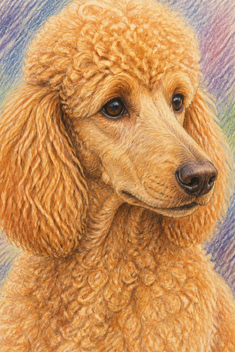 Coloured pencil portrait of an apricot Standard Poodle