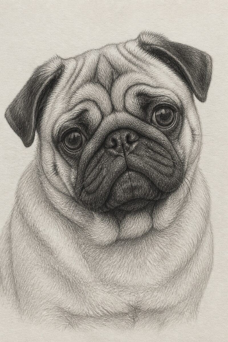 Digital pencil portrait of a Pug