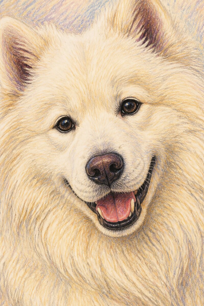 Coloured pencil portrait of a Samoyed