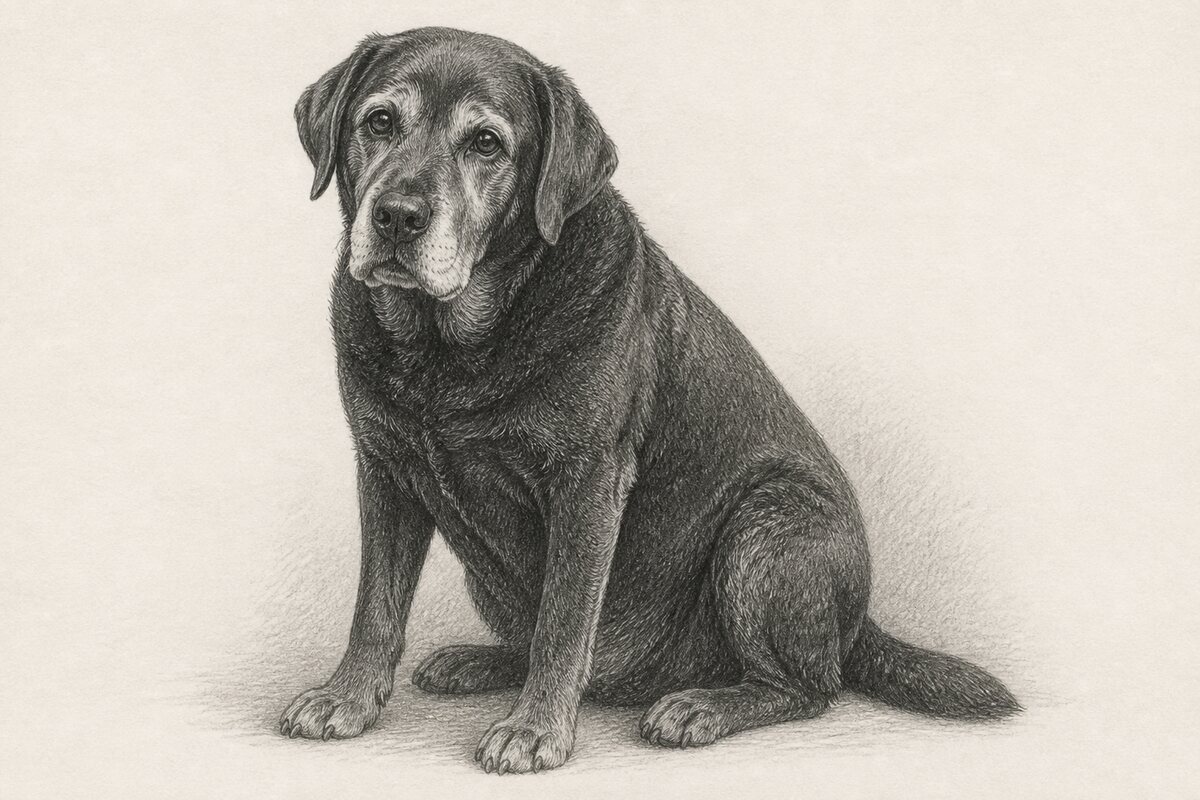Digital pencil portrait of an older Labrador sitting
