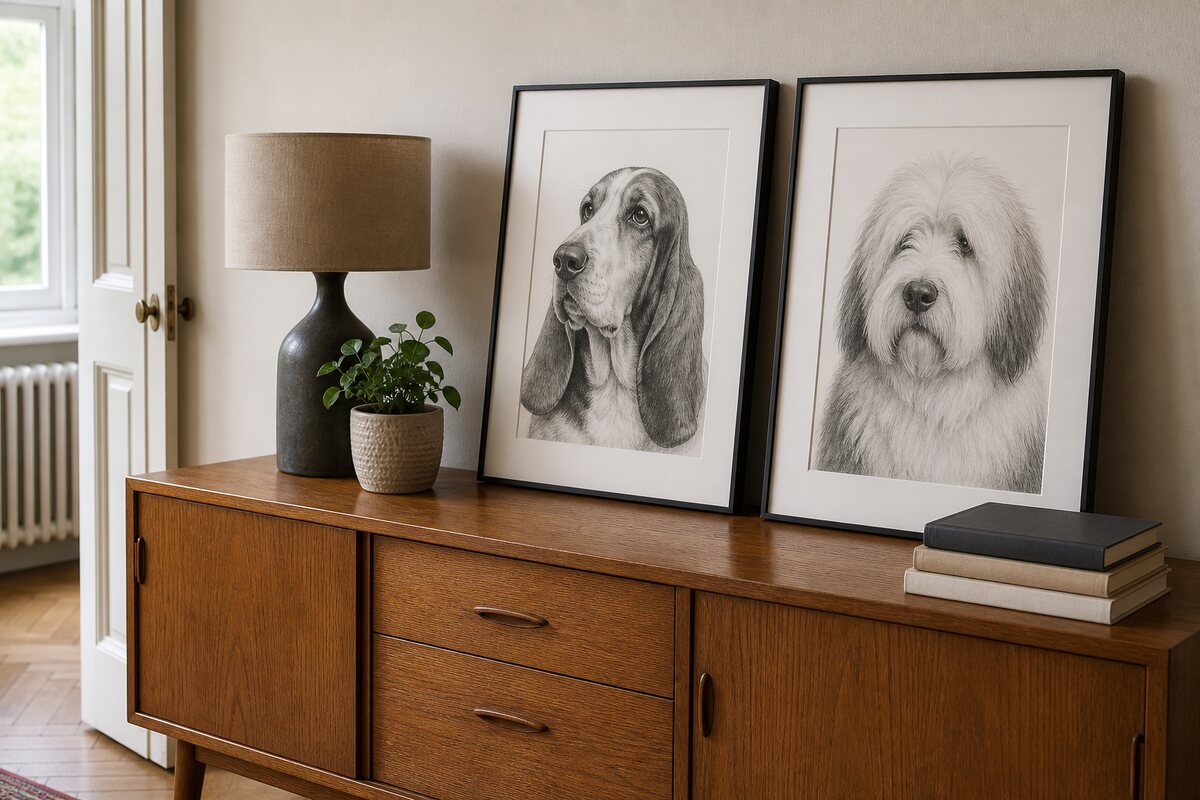 Mounted and framed pencil portraits of a Basset Hound and an Old English Sheepdog standing on a sideboard