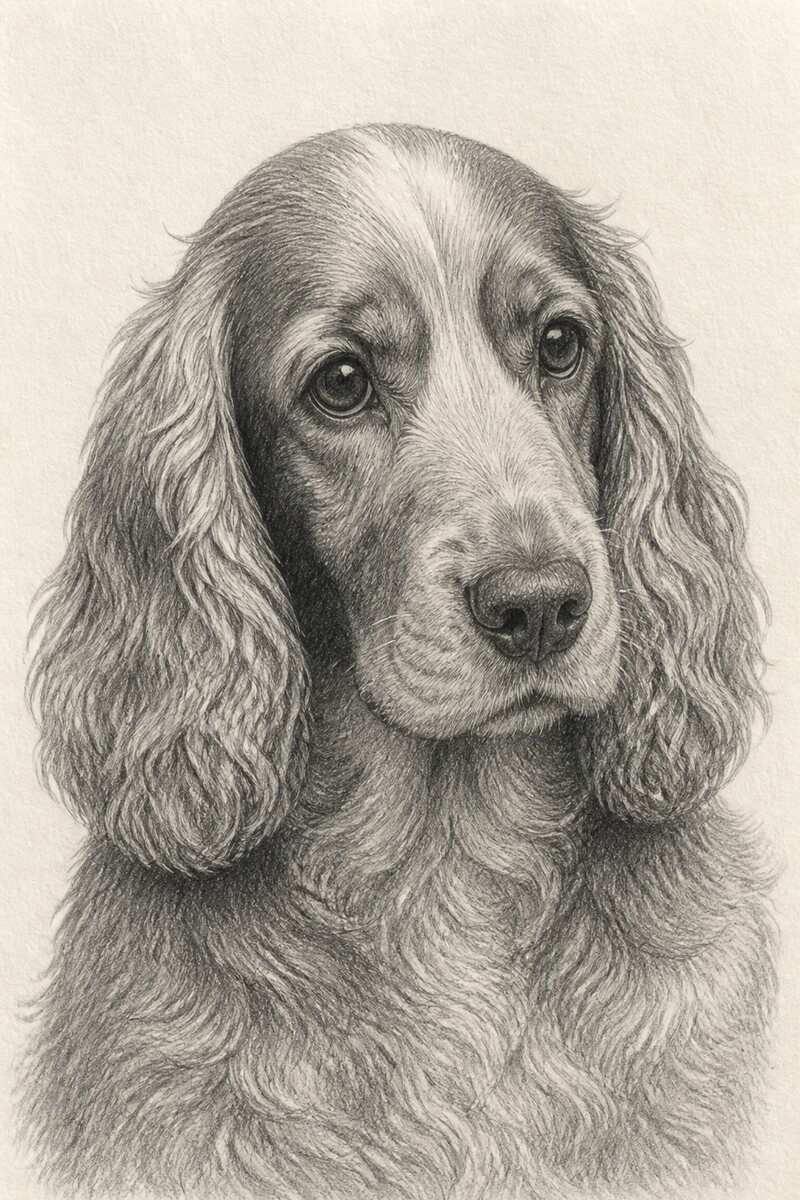 Digital pencil portrait of Bertie the Cocker Spaniel