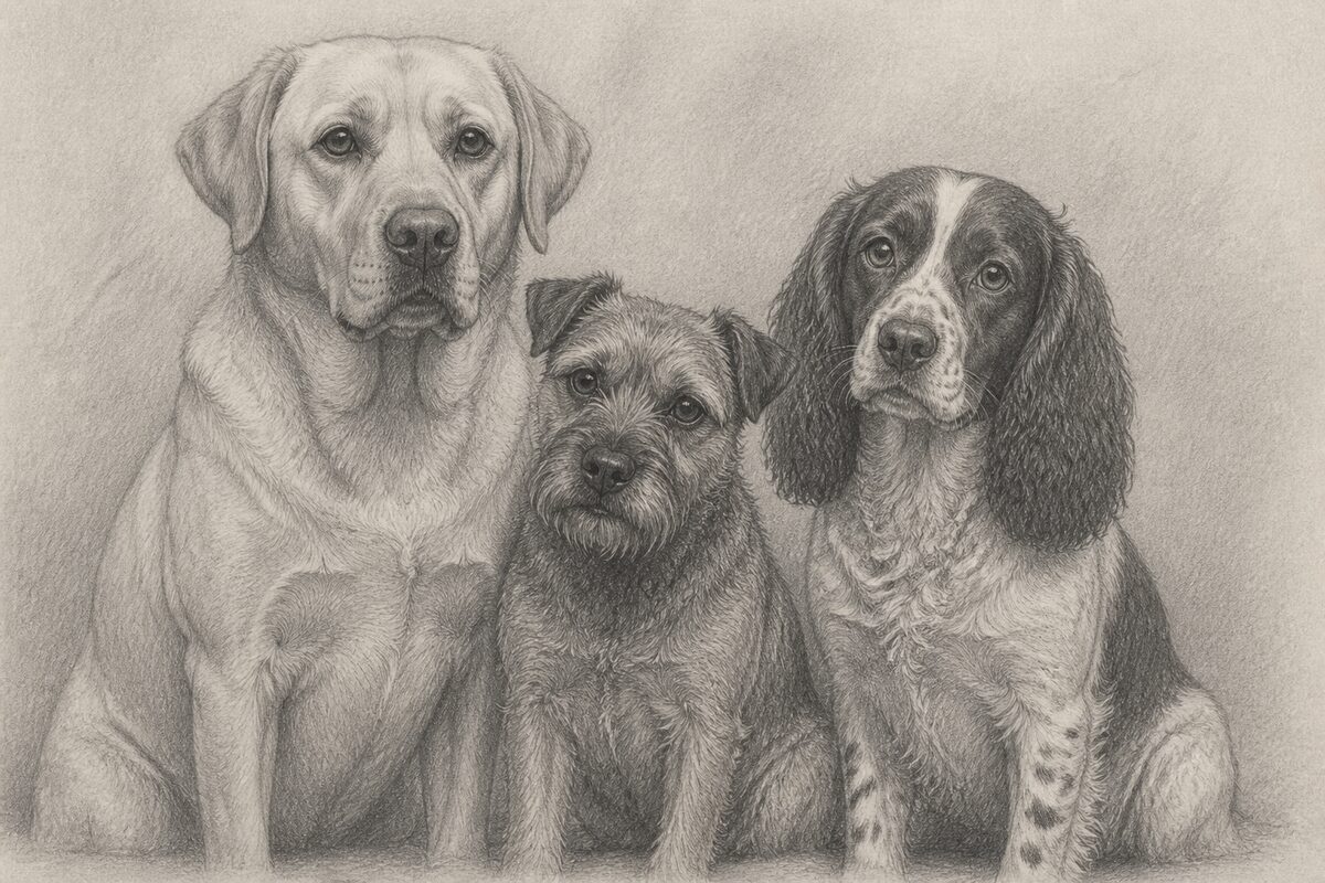 Digital pencil portrait of three dogs sitting together