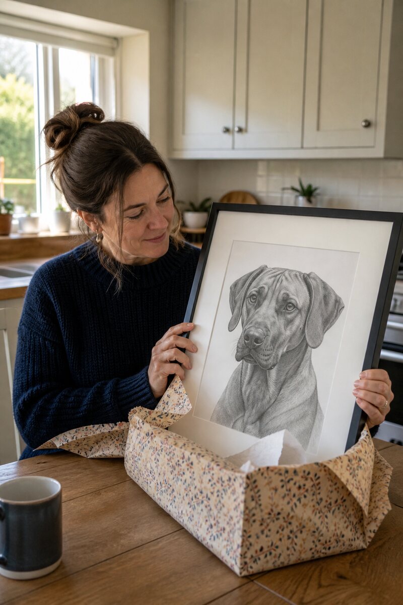 Someone unwrapping a mounted and framed pencil portrait of a Rhodesian Ridgeback