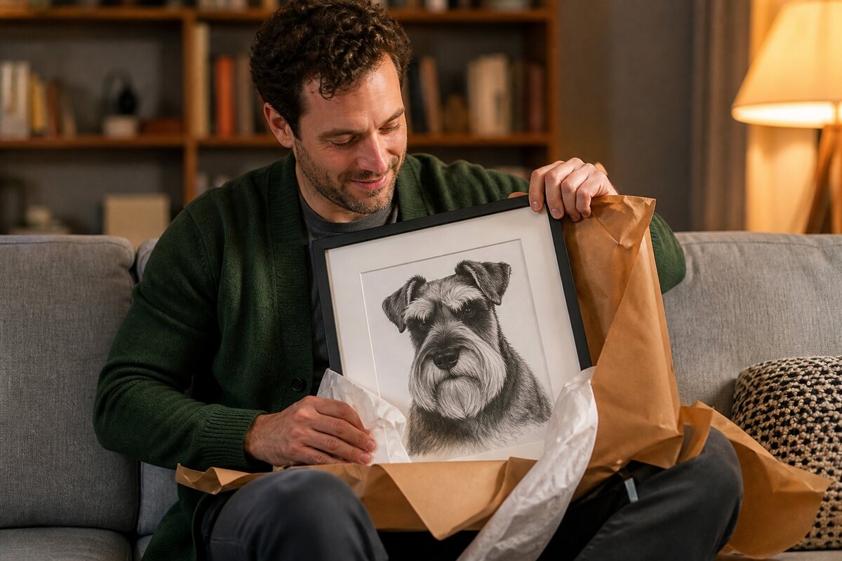 Someone unwrapping a mounted and framed pencil portrait of a Miniature Schnauzer