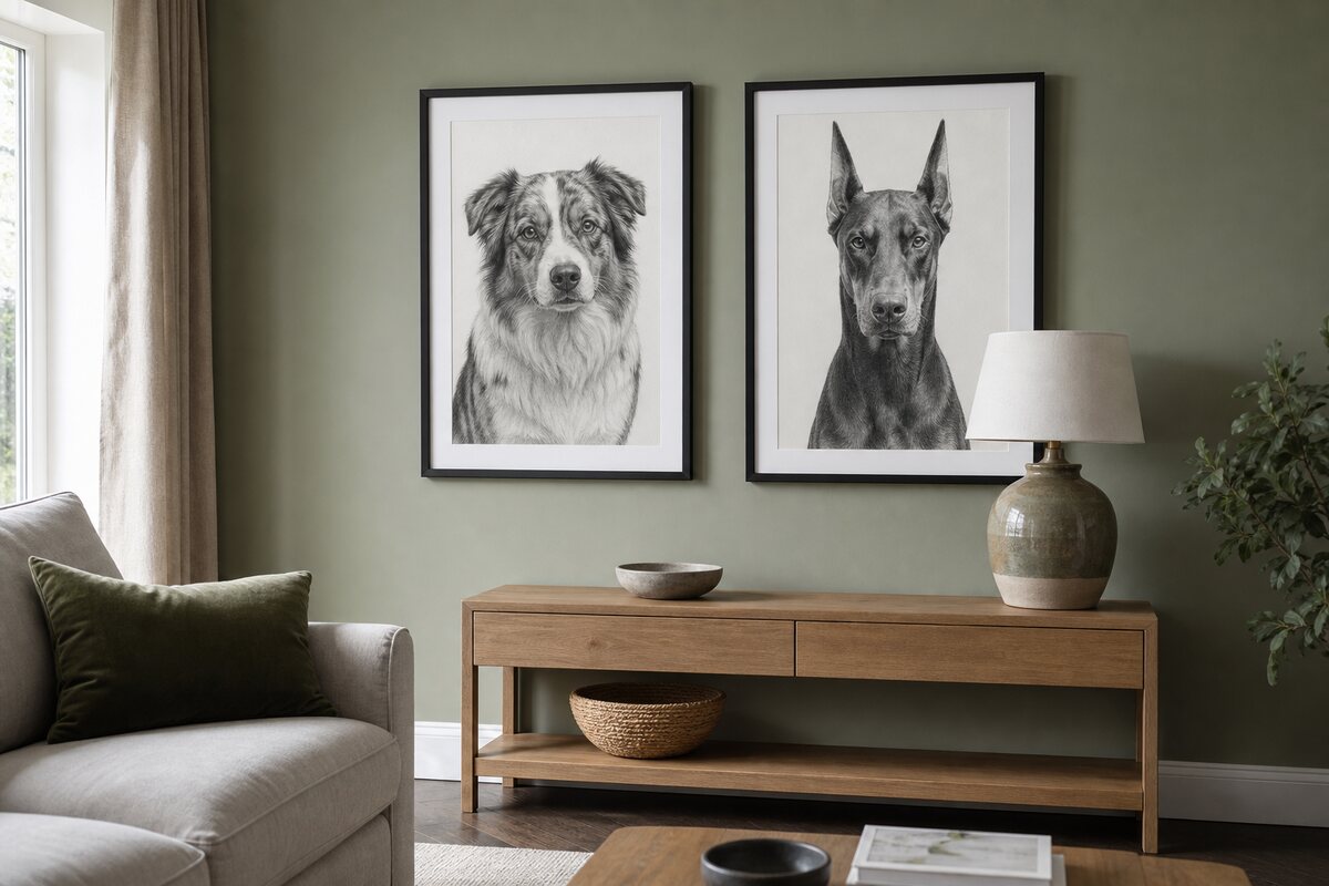 Mounted and framed pencil portraits of an Australian Shepherd and a Doberman hanging on a living room wall