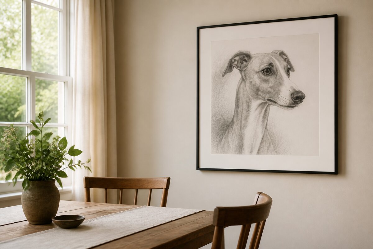 Mounted and framed pencil portrait of a Whippet hanging on a dining room wall