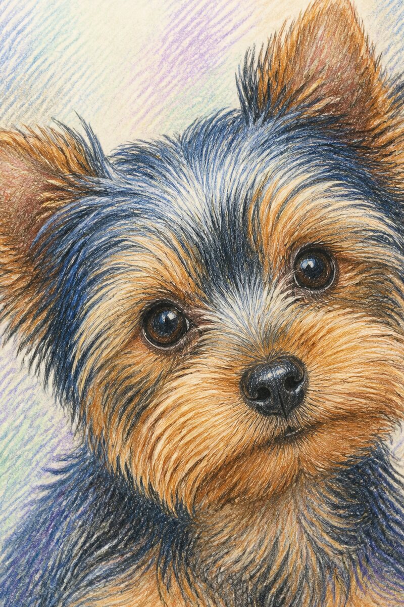 Coloured pencil portrait of a Yorkshire Terrier puppy