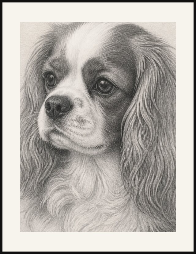 Mounted and framed A4 digital pencil portrait of a Cavalier King Charles Spaniel in a thin black frame with a white mount